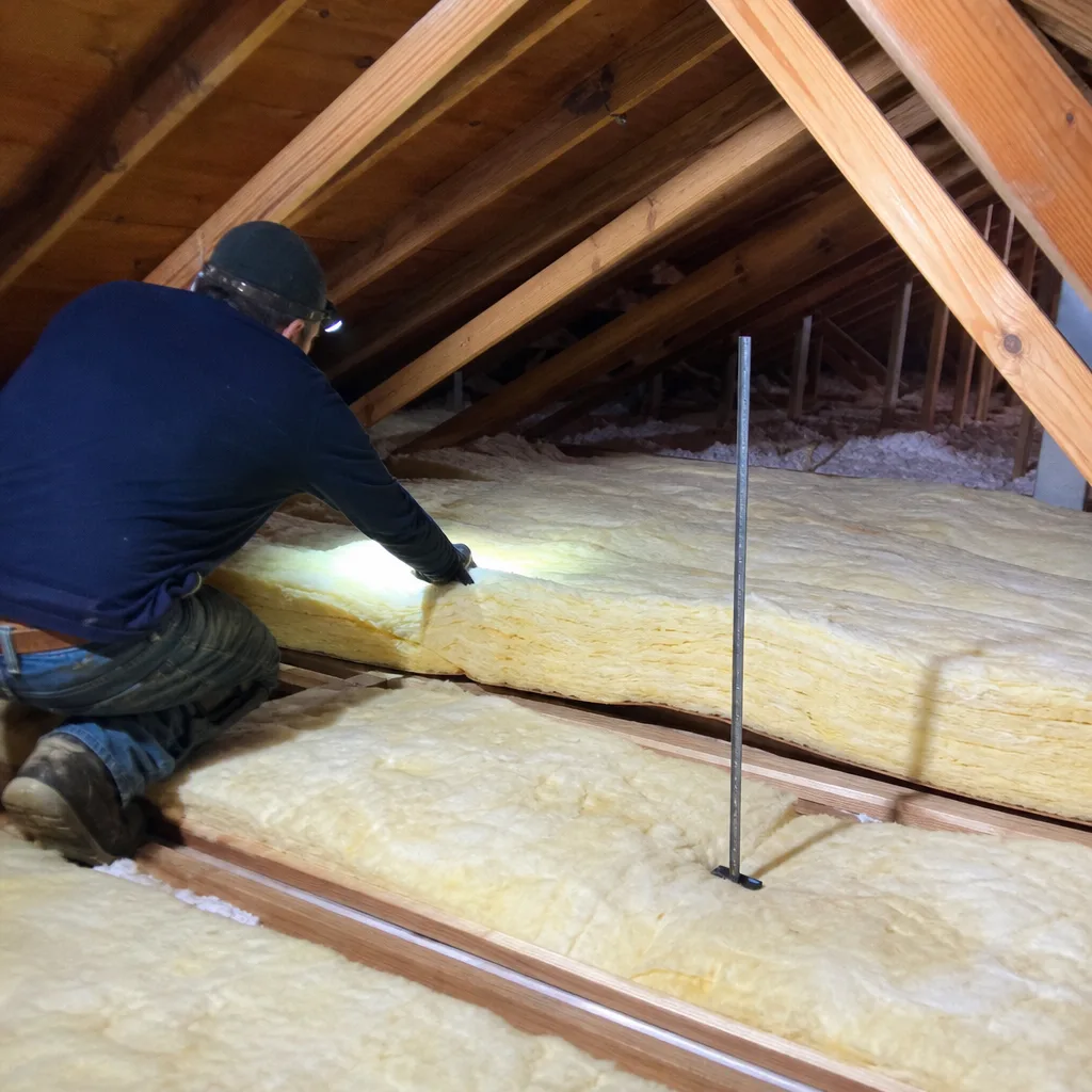 Technician installing fiberglass batt insulation in an attic