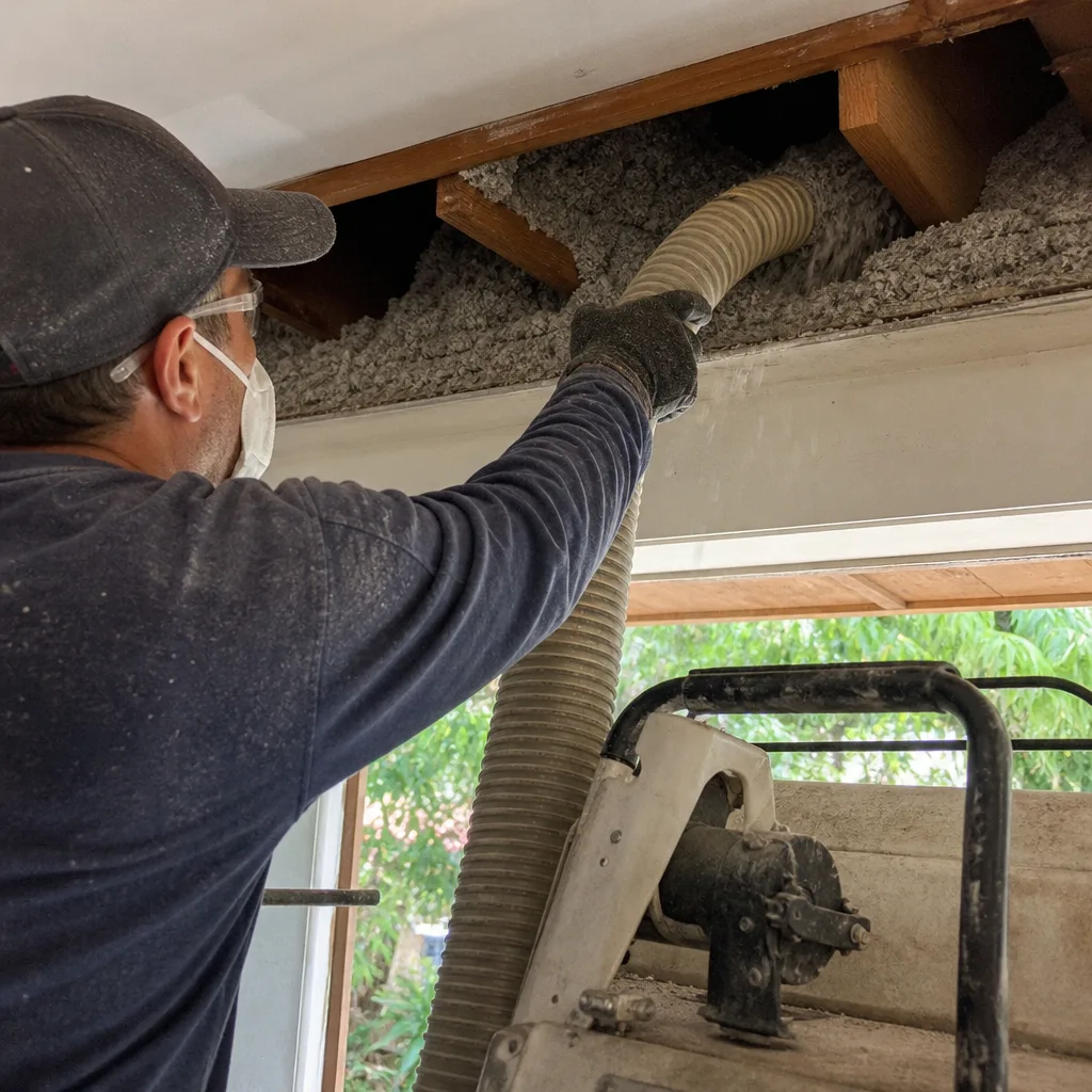 Contractor using a vacuum hose for professional attic insulation removal