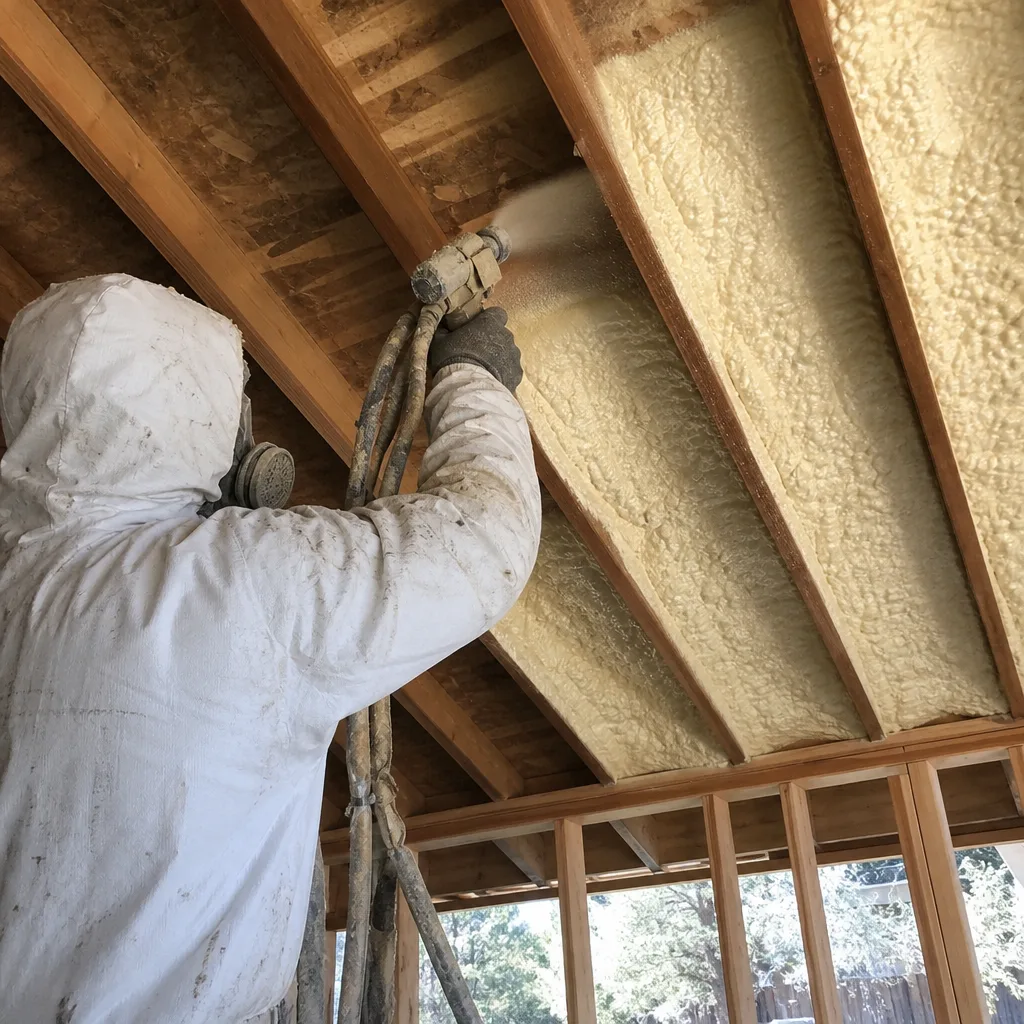 Worker applying professional spray foam insulation to ceiling rafters