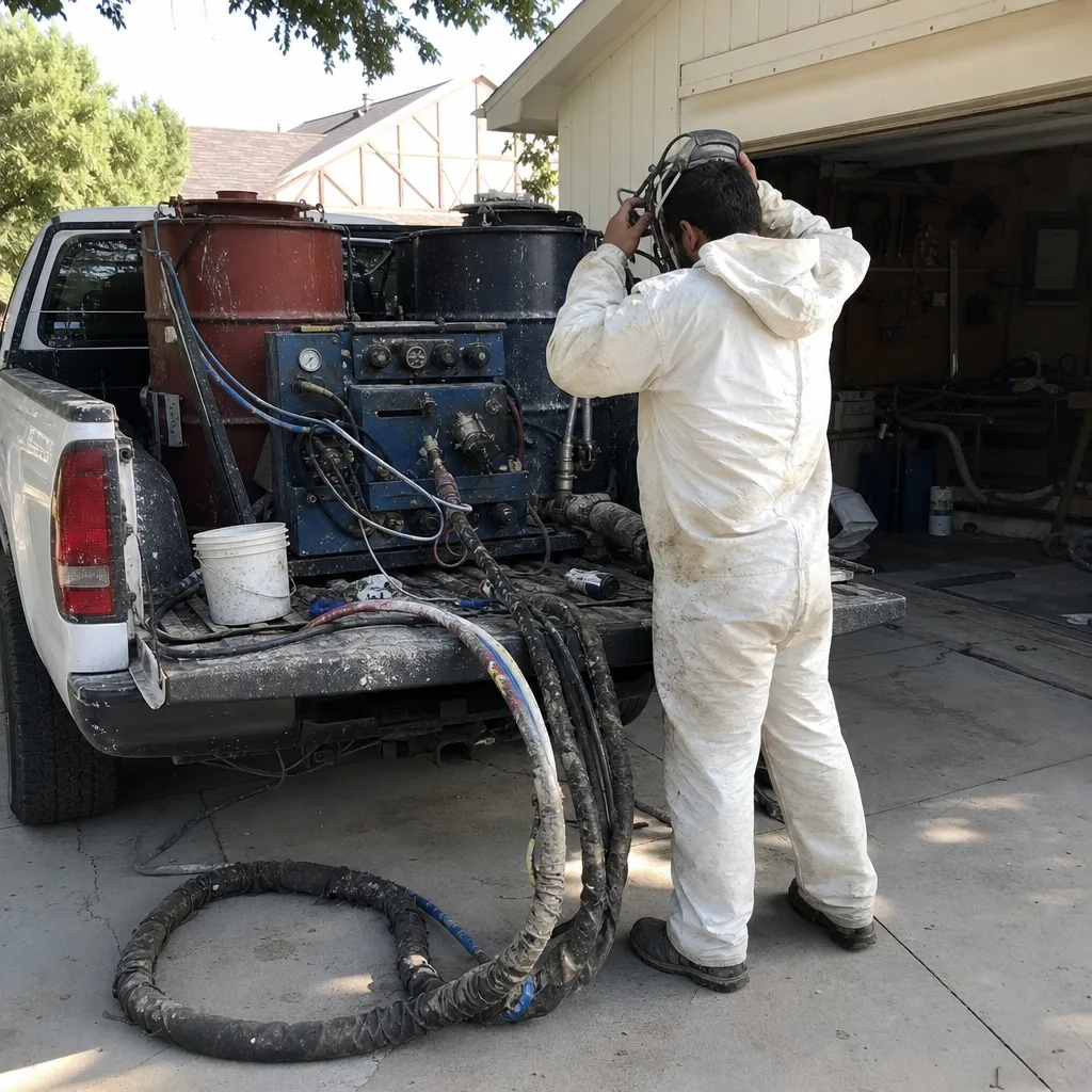 Professional contractor preparing spray foam insulation equipment