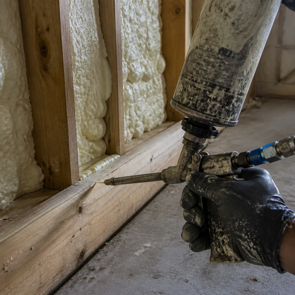 Worker applying spray foam insulation to a wooden wall frame.